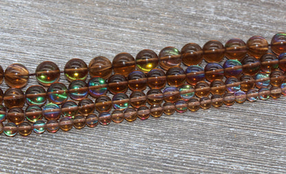 Brown Mystic Aura Quartz Beads, Holographic Gemstone Smooth Round Loose Beads, Iridescent Beads, Sizes 6mm 8mm 10mm 12mm, Full Strand #60