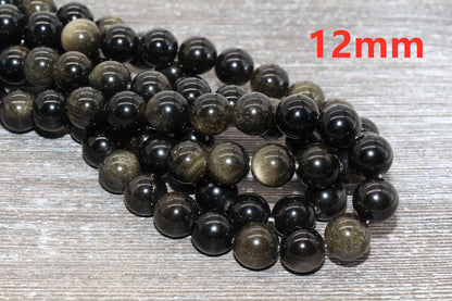 Golden Obsidian Beads, Black Beads Gemstone Smooth Round Loose Beads, Sizes 4mm 6mm 8mm 10mm 12mm, Full Strand 15.5 inch, #21