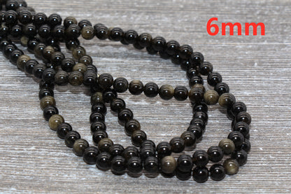 Golden Obsidian Beads, Black Beads Gemstone Smooth Round Loose Beads, Sizes 4mm 6mm 8mm 10mm 12mm, Full Strand 15.5 inch, #21