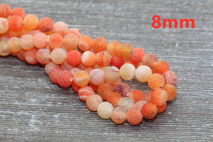 Orange Effloresce Agate Beads, Crackled Agate Bead, Frosted Round Matte Gemstone Loose Beads, 4mm 6mm 8mm 10mm 12mm, Full Strand, #131
