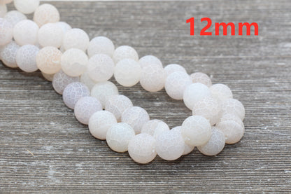 White Effloresce Agate Beads, Frosted Agate Beads, Crackled Agate Bead, Round Matte Gemstone Beads, Sizes 6mm 8mm 10mm, Full Strand #110