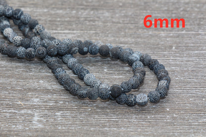 Black Effloresce Agate Beads, Frosted Agate Beads, Crackled Agate Bead, Round Matte Gemstone Beads, 4mm 6mm 8mm 10mm 12mm, Full Strand #111