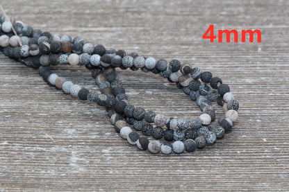 Black Effloresce Agate Beads, Frosted Agate Beads, Crackled Agate Bead, Round Matte Gemstone Beads, 4mm 6mm 8mm 10mm 12mm, Full Strand #111