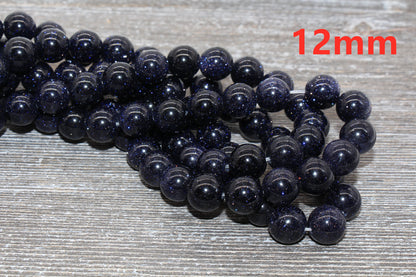 Blue Sandstone Beads, Blue Goldstone Beads, Smooth Gemstones Round Beads, Sizes 4mm 6mm 8mm 10mm,12mm, Full Strand 15.5" #46