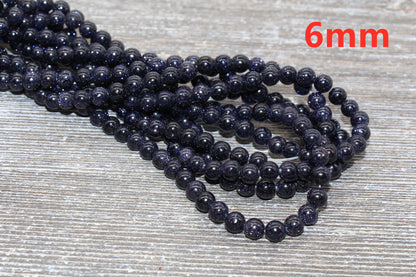 Blue Sandstone Beads, Blue Goldstone Beads, Smooth Gemstones Round Beads, Sizes 4mm 6mm 8mm 10mm,12mm, Full Strand 15.5" #46