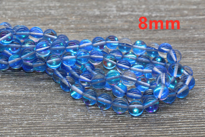 Royal Blue Mystic Aura Quartz Beads, Holographic Gemstone Round Loose Beads, Iridescent Beads, Sizes 6mm 8mm 10mm 12mm, Full Strand #54