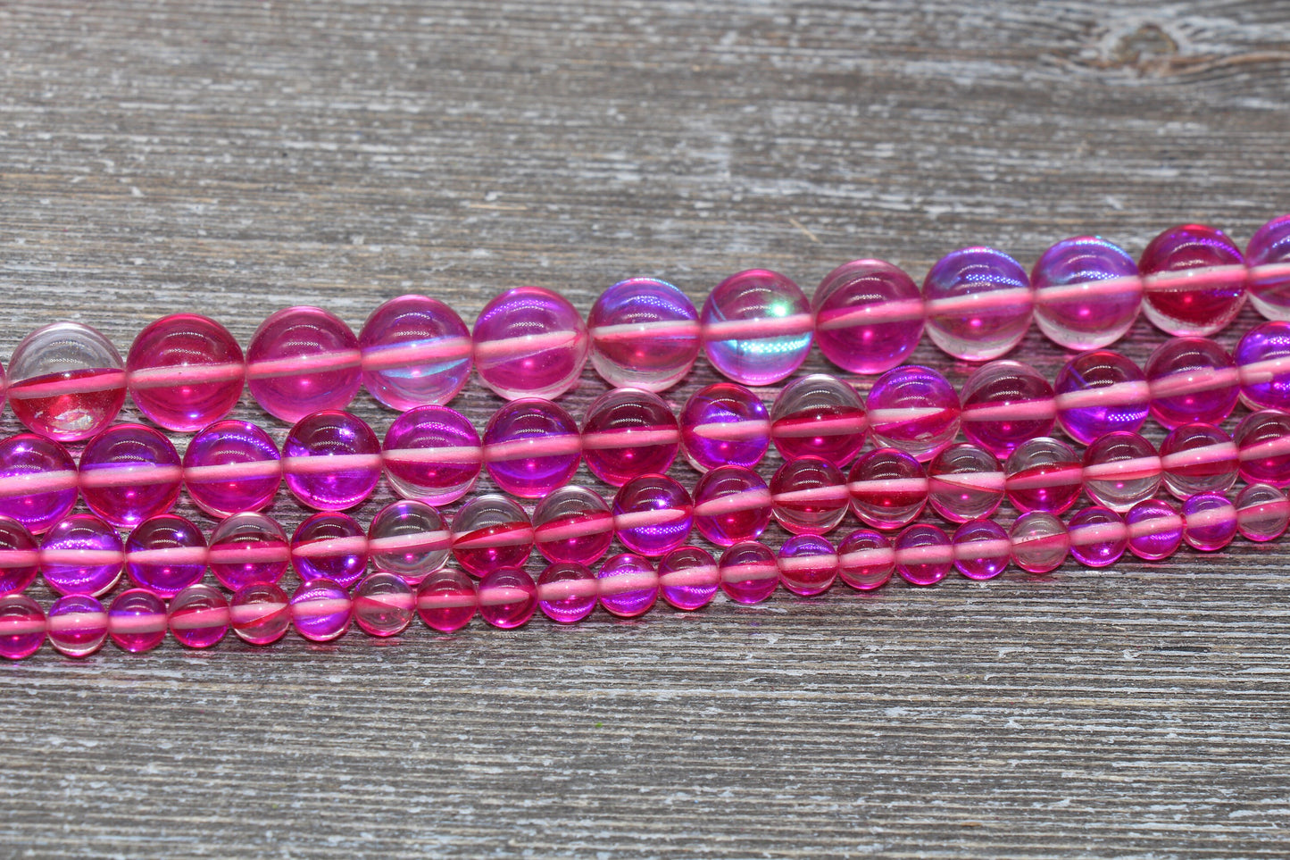 Hot Pink Mystic Aura Quartz Beads, Holographic Gemstone Smooth Round Loose Beads, Iridescent Beads, Sizes 6mm 8mm 10mm 12mm, Full Strand #58
