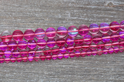 Hot Pink Mystic Aura Quartz Beads, Holographic Gemstone Smooth Round Loose Beads, Iridescent Beads, Sizes 6mm 8mm 10mm 12mm, Full Strand #58