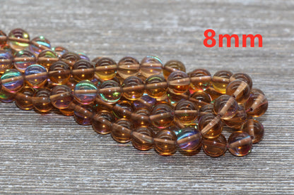 Brown Mystic Aura Quartz Beads, Holographic Gemstone Smooth Round Loose Beads, Iridescent Beads, Sizes 6mm 8mm 10mm 12mm, Full Strand #60