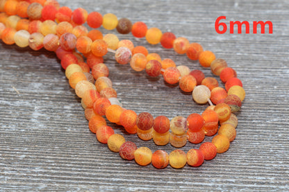 Orange Effloresce Agate Beads, Crackled Agate Bead, Frosted Round Matte Gemstone Loose Beads, 4mm 6mm 8mm 10mm 12mm, Full Strand, #131
