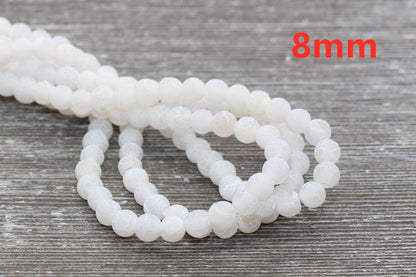 White Effloresce Agate Beads, Frosted Agate Beads, Crackled Agate Bead, Round Matte Gemstone Beads, Sizes 6mm 8mm 10mm, Full Strand #110