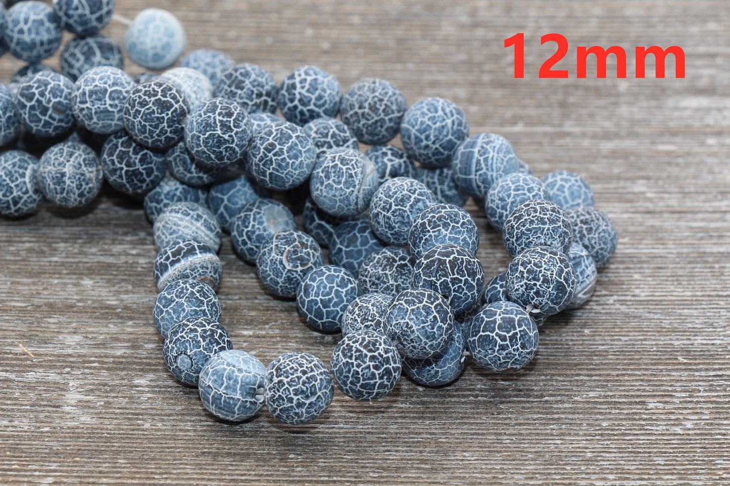 Black Effloresce Agate Beads, Frosted Agate Beads, Crackled Agate Bead, Round Matte Gemstone Beads, 4mm 6mm 8mm 10mm 12mm, Full Strand #111
