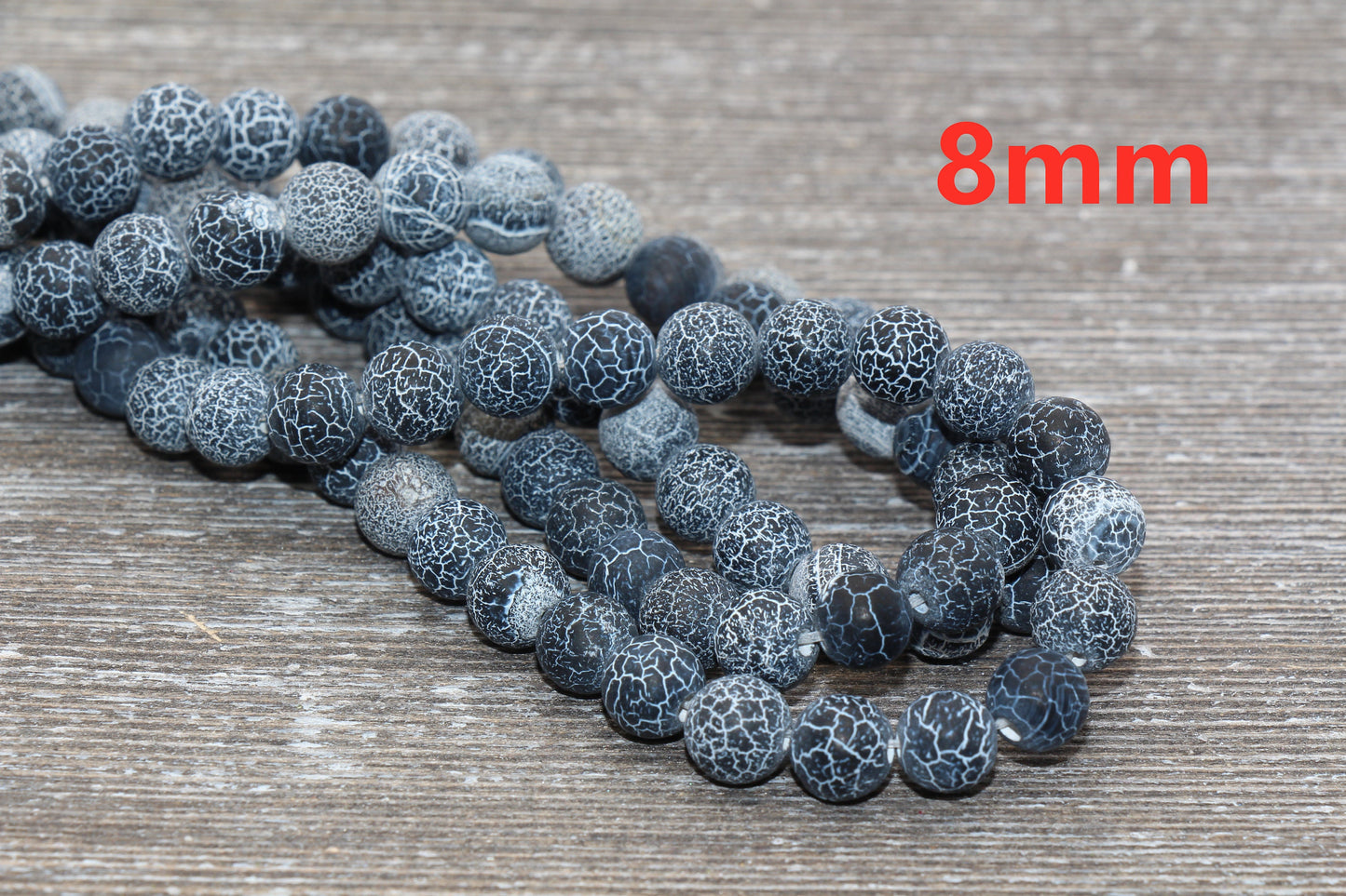 Black Effloresce Agate Beads, Frosted Agate Beads, Crackled Agate Bead, Round Matte Gemstone Beads, 4mm 6mm 8mm 10mm 12mm, Full Strand #111