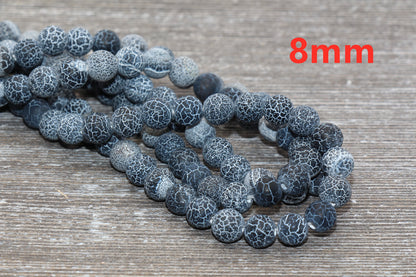 Black Effloresce Agate Beads, Frosted Agate Beads, Crackled Agate Bead, Round Matte Gemstone Beads, 4mm 6mm 8mm 10mm 12mm, Full Strand #111