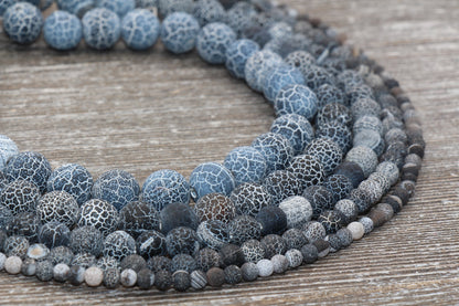 Black Effloresce Agate Beads, Frosted Agate Beads, Crackled Agate Bead, Round Matte Gemstone Beads, 4mm 6mm 8mm 10mm 12mm, Full Strand #111