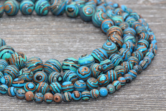 Peacock Stone Beads, Malachite Synthetic Beads, Smooth Gemstone Round Beads, Blue Brown and Black Beads, Sizes 6mm 8mm 10mm 12mm #98