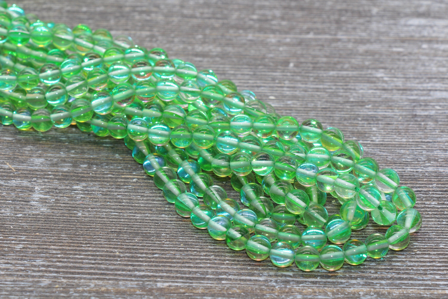 Green Mystic Aura Quartz Beads, Holographic Gemstone Smooth Round Loose Beads, Iridescent Beads, Sizes 6mm 8mm 10mm, Full Strand #163