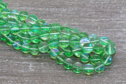 Green Mystic Aura Quartz Beads, Holographic Gemstone Smooth Round Loose Beads, Iridescent Beads, Sizes 6mm 8mm 10mm, Full Strand #163