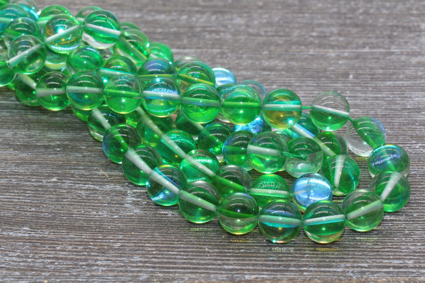 Green Mystic Aura Quartz Beads, Holographic Gemstone Smooth Round Loose Beads, Iridescent Beads, Sizes 6mm 8mm 10mm, Full Strand #163