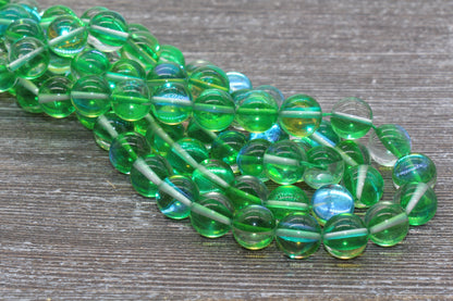 Green Mystic Aura Quartz Beads, Holographic Gemstone Smooth Round Loose Beads, Iridescent Beads, Sizes 6mm 8mm 10mm, Full Strand #163