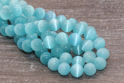 Aquamarine Blue Cat Eye Beads, Smooth Round Beads, Sizes 4mm 6mm 8mm 10mm 12mm, Full Strand 15.5 inch, #183