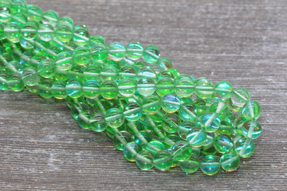 Green Mystic Aura Quartz Beads, Holographic Gemstone Smooth Round Loose Beads, Iridescent Beads, Sizes 6mm 8mm 10mm, Full Strand #163
