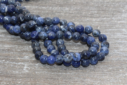 Blue Sodalite Beads, Gemstone Loose Beads, Blue White Beads, Smooth Round Beads, Size 6mm 8mm 10mm, Full Strand 15.5" #25