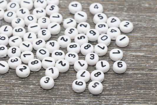 Sold in Individual Number, White and Black Number Beads, Plastic White Number Beads, Flat Round Acrylic Number Beads, Size 7mm