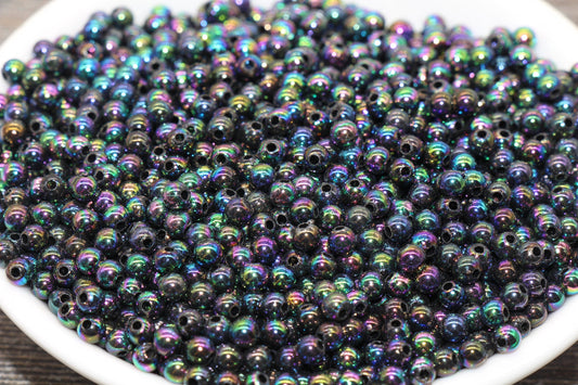 4mm Black AB Round Beads, Iridescent Acrylic Gumball Beads, Transparent Round Spacer Beads, Bubblegum Beads, Plastic Round Bead #903
