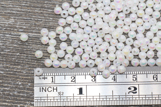 4mm White AB Round Beads, Iridescent Acrylic Gumball Beads, White Round Spacer Beads, Bubblegum Beads, Plastic Round Bead #905