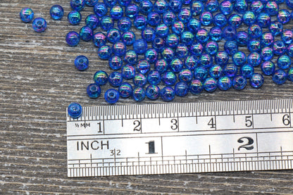 4mm Royal Blue AB Round Beads, Iridescent Acrylic Gumball Beads, Transparent Round Spacer Beads, Bubblegum Beads, Plastic Round Bead #909