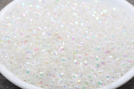 4mm Clear AB Faceted Beads, Iridescent Acrylic Gumball Beads, Transparent Faceted Spacer Beads, Bubblegum Beads, Plastic Rainbow Bead #947
