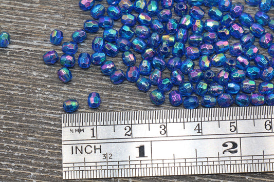 4mm Royal Blue AB Faceted Beads, Iridescent Acrylic Gumball Beads, Blue Faceted Spacer Beads, Bubblegum Beads, Plastic Rainbow Bead #953