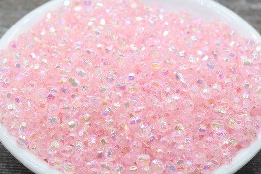 4mm Baby Pink AB Faceted Beads, Iridescent Acrylic Gumball Beads, Pink Faceted Spacer Beads, Bubblegum Beads, Plastic Rainbow Bead #956