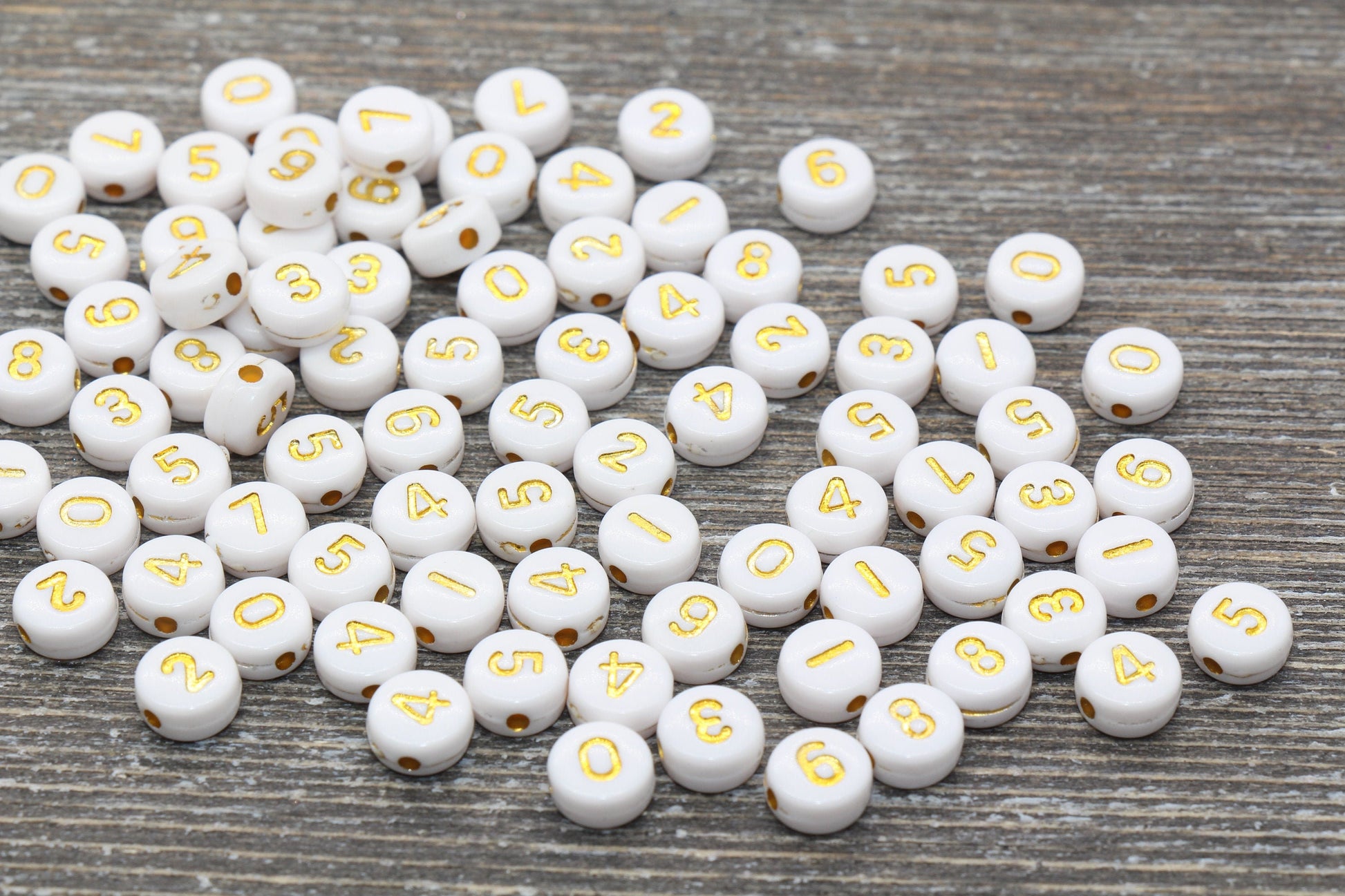 White and Gold Number Beads, Acrylic White and Gold Number Beads, Plastic Mix Number Beads, Round Number Beads, Size 7mm #93