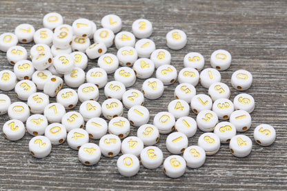 White and Gold Number Beads, Acrylic White and Gold Number Beads, Plastic Mix Number Beads, Round Number Beads, Size 7mm #93