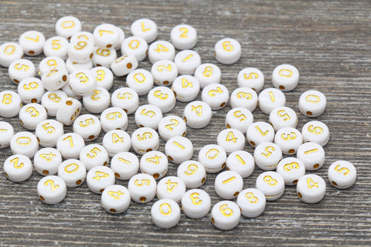 White and Gold Number Beads, Acrylic White and Gold Number Beads, Plastic Mix Number Beads, Round Number Beads, Size 7mm #93