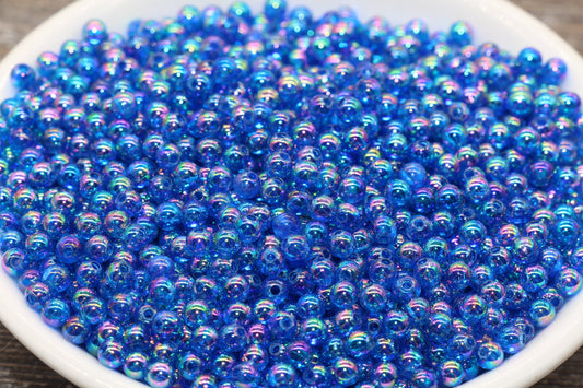 4mm Royal Blue AB Round Beads, Iridescent Acrylic Gumball Beads, Transparent Round Spacer Beads, Bubblegum Beads, Plastic Round Bead #909