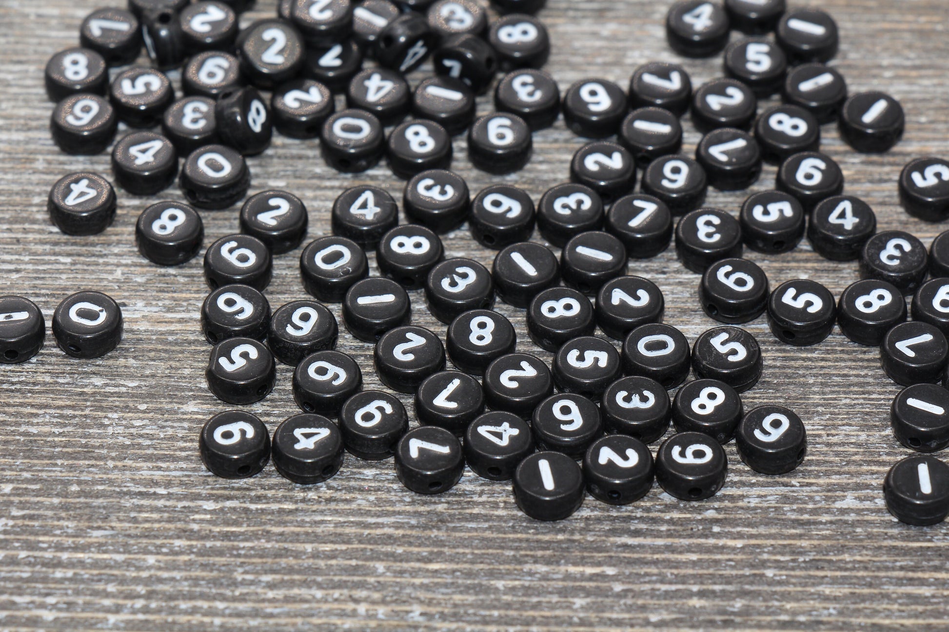 Black Number Beads, Acrylic Black Number Beads, Plastic Round Acrylic Beads, Black Beads with White Numbers, Size 7mm #97