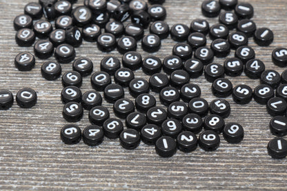 Black Number Beads, Acrylic Black Number Beads, Plastic Round Acrylic Beads, Black Beads with White Numbers, Size 7mm #97