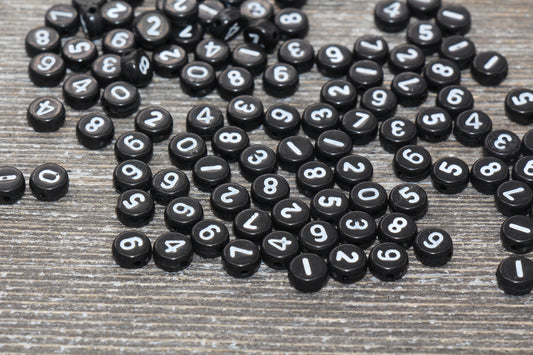 Black Number Beads, Acrylic Black Number Beads, Plastic Round Acrylic Beads, Black Beads with White Numbers, Size 7mm #97