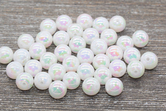 12 mm White AB Round Beads, Iridescent Acrylic Gumball Beads, White Round Spacer Beads, Bubblegum Beads, Plastic Round Bead #944