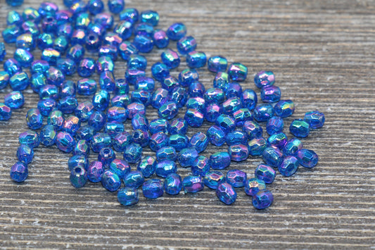 4mm Royal Blue AB Faceted Beads, Iridescent Acrylic Gumball Beads, Blue Faceted Spacer Beads, Bubblegum Beads, Plastic Rainbow Bead #953