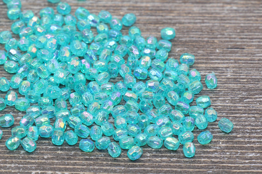 4mm Sea Green AB Faceted Beads, Iridescent Acrylic Gumball Beads, Sea Green Faceted Spacer Beads, Bubblegum Beads, Plastic Rainbow Bead #954