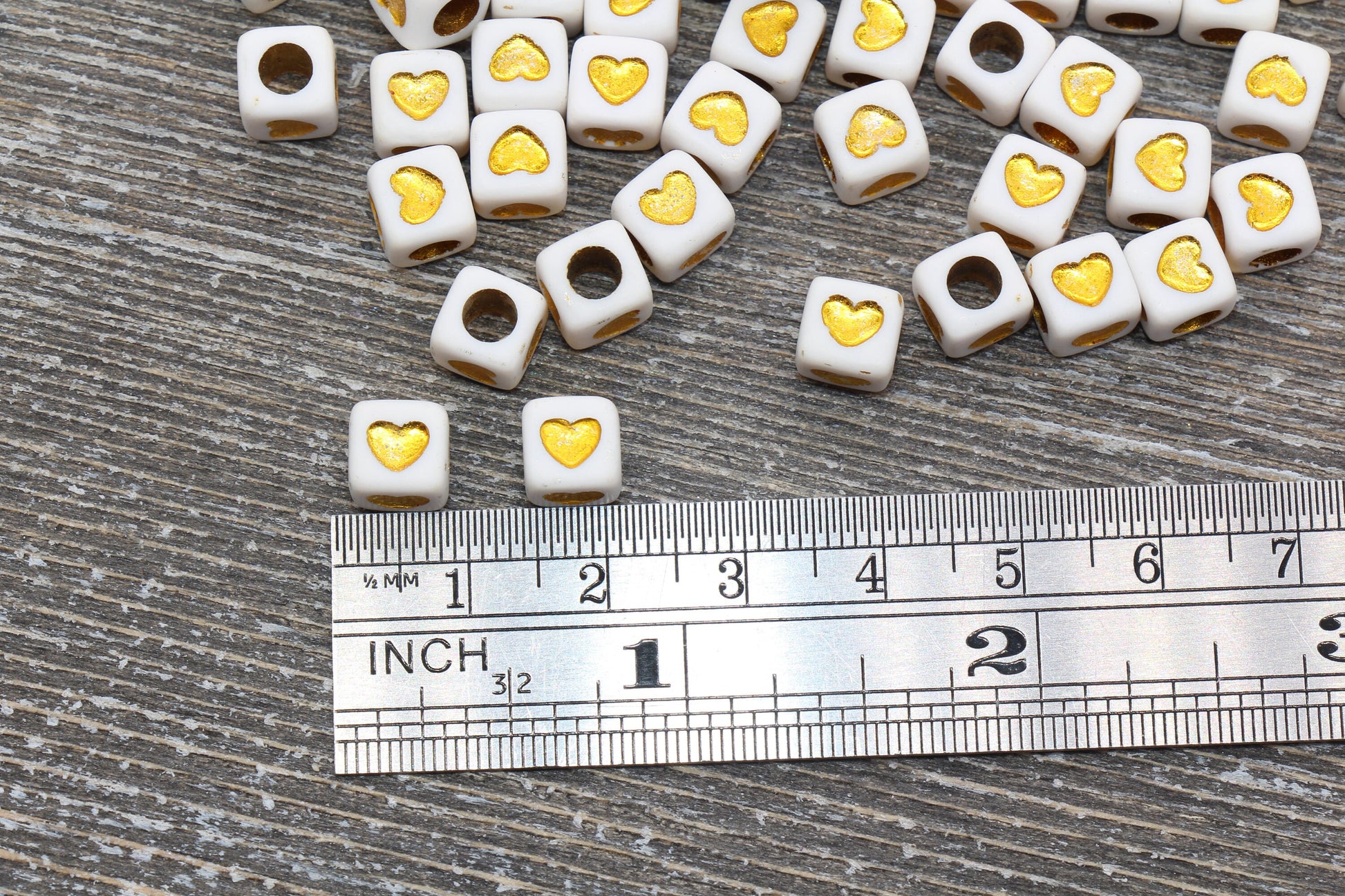White and Gold Heart Cube Beads, White with Gold Acrylic Cube Beads, Gold Cube Square Heart Beads, Size 7mm #958