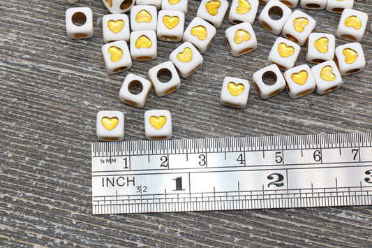 White and Gold Heart Cube Beads, White with Gold Acrylic Cube Beads, Gold Cube Square Heart Beads, Size 7mm #958