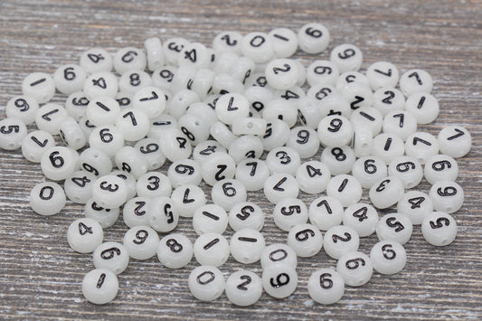 Glow in Dark Number Beads, Glowing Acrylic Mix Number Beads, Flat Round Acrylic Number Beads, Size 7mm #182