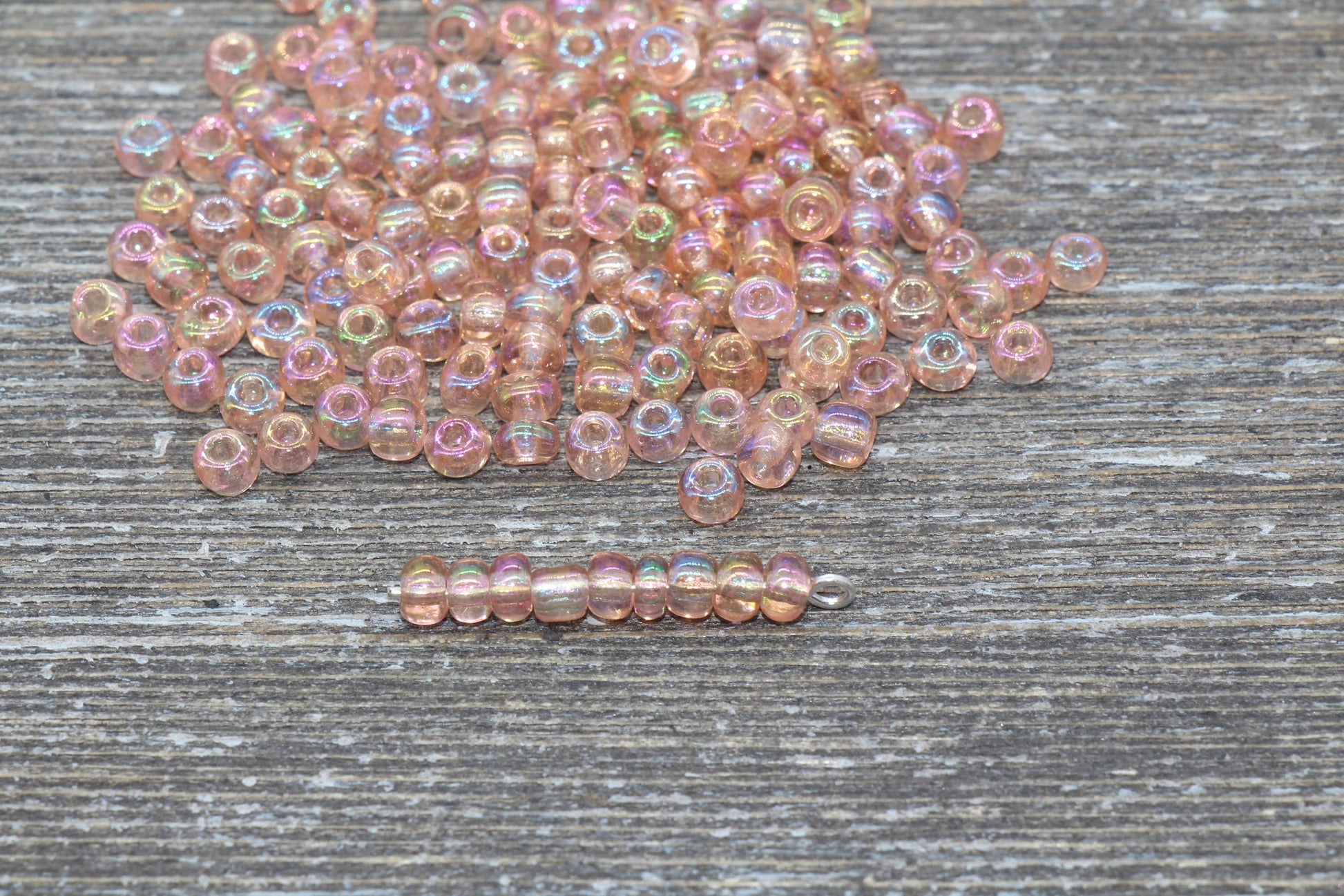 Transparent Iridescent Glass Seed Beads, 4mm 6/0 Glass Round Seed Beads, Peach AB Trans Seed Beads, Rocailles Beads, Beading Supplies #2250