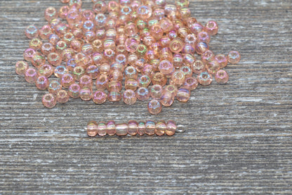 Transparent Iridescent Glass Seed Beads, 4mm 6/0 Glass Round Seed Beads, Peach AB Trans Seed Beads, Rocailles Beads, Beading Supplies #2250