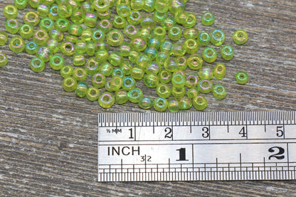 Transparent Iridescent Glass Seed Beads, 4mm 6/0 Glass Round Seed Beads, Green AB Trans Seed Beads, Rocailles Beads, Beading Supplies #1009